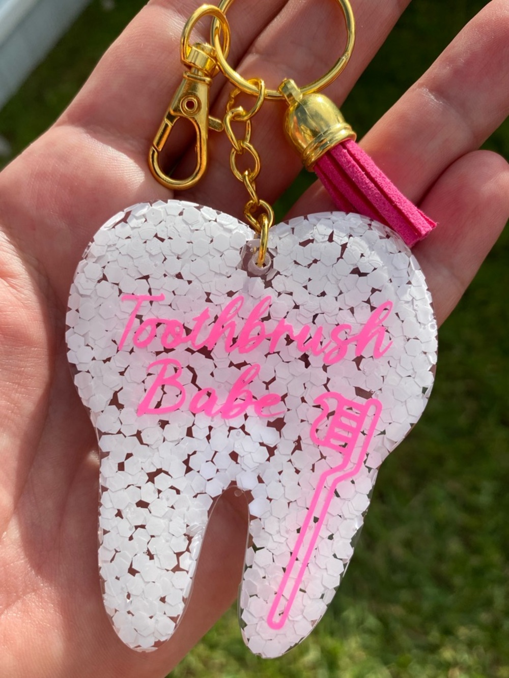 Pink Toothbrush Babe Tooth-Shaped Keychain Card Holder with Tassel